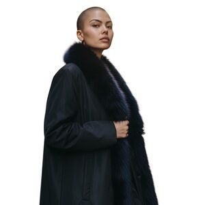 Navy Trench, Fox Fur Collar, Removable Sheered Fur Liner, Satin Lining Sz M